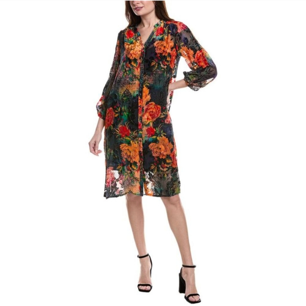 Johnny Was Renna Silk Blend Burnout Dress w/slip L in Catalina Blue Fall Autumn